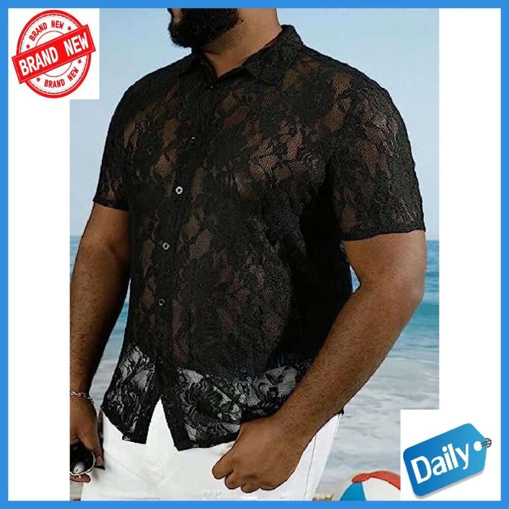 Men's Floral Lace Mesh Button Down Shirt Short Sleeve Blouse - Picture 5 of 6
